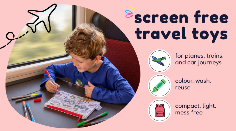 A boy colours a london pencil case on a train. THe words next to him say "screen free travel toys, for planes, trains and car journeys" 