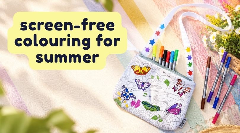 the words "screen free colouring for summer" against a blanket with a colour in butterfly bag. there are pens inside the bag and next to it