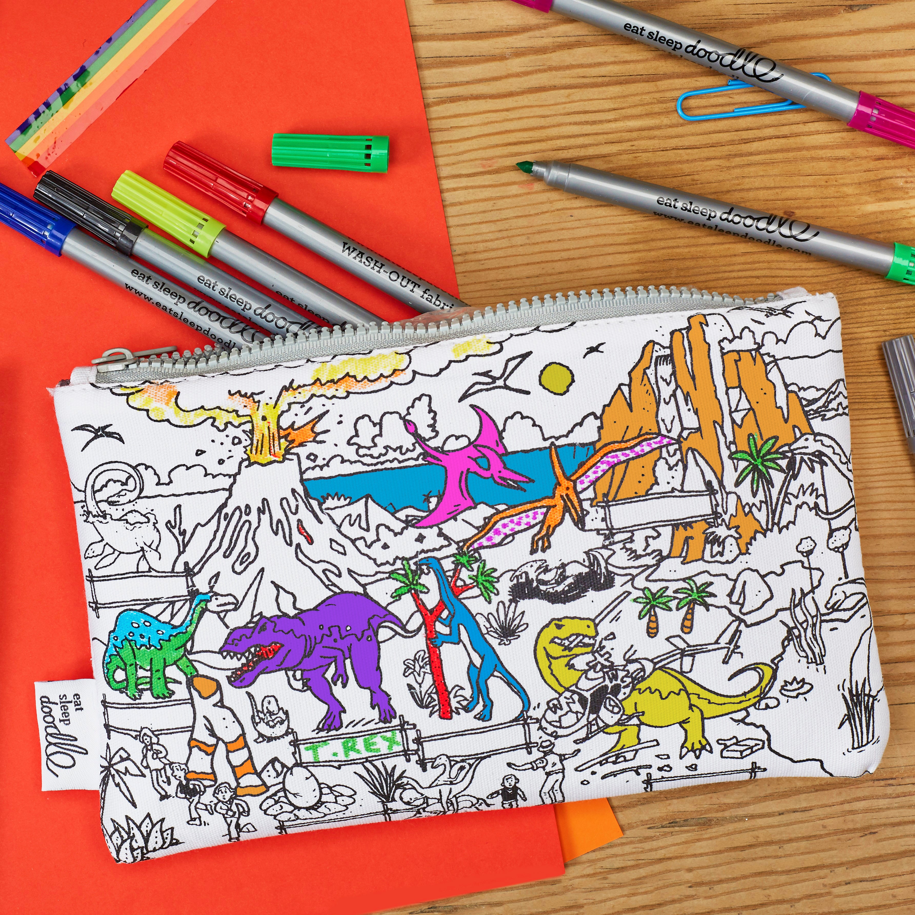 dinosaur pencil case coloured in 